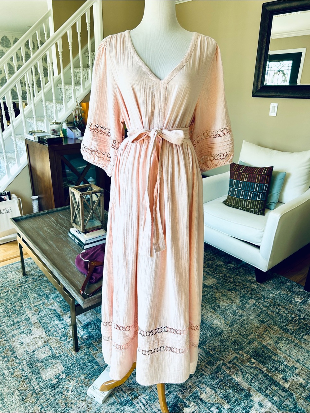 Caslon Pink Cotton Gauze Maxi Dress Puff Sleeve Crochet Lace Pintuck XL NWT - Picture 5 of 16